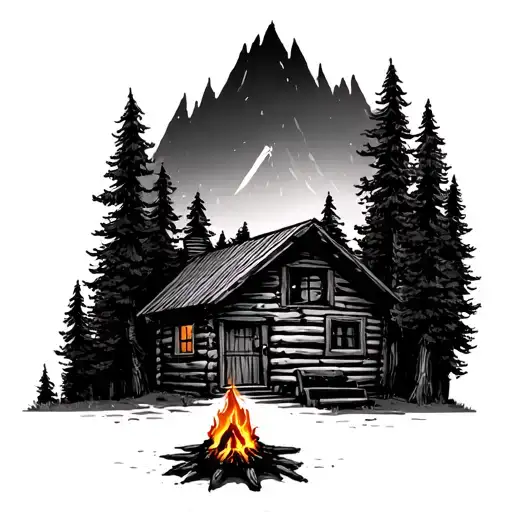 Small Cabin Surrounded By Pine Trees Camp Fire In Front Bigfoot Peaking Around A Tree