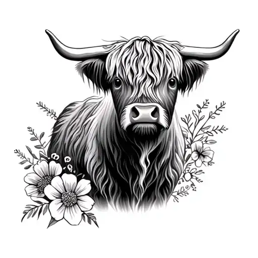 Cute Highland Cow With January And April Flowers