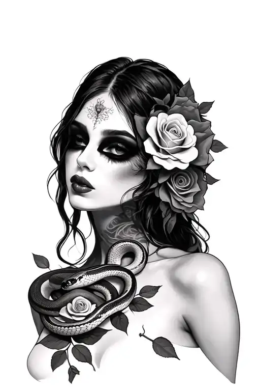 Woman Without Eyes With Snake On Her Neck With Roses