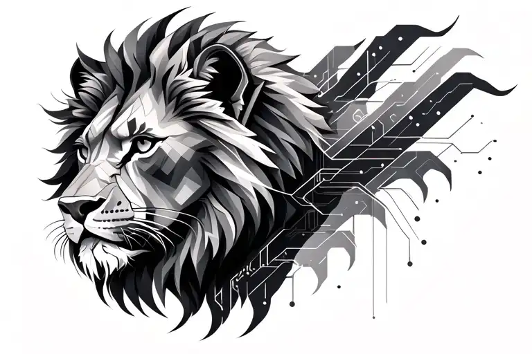 Geometric Lion Head Mixed With Circuitry Patterns Flowing