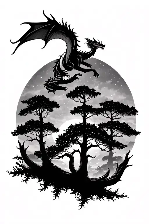 Forest At Night With A Dragon Flying Above