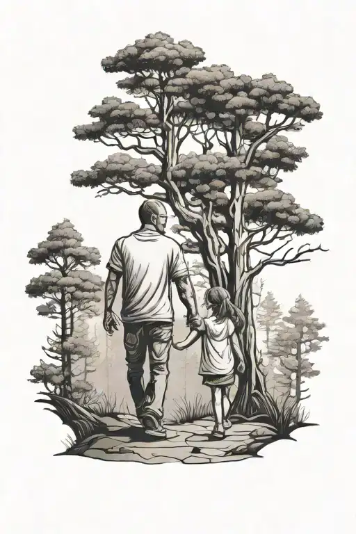 Father And 6 Year Old Daughter Holding Hands Walking Through A Forest