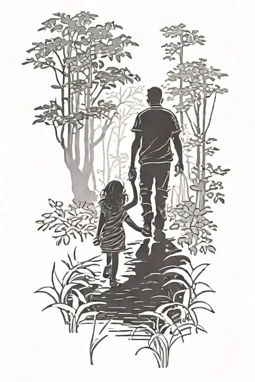 Silhouetted Father And 6 Year Old Daughter Holding Hands Walking Through A Forest