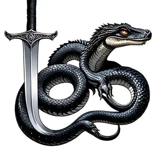 Snake And Lizzard Together With Sword