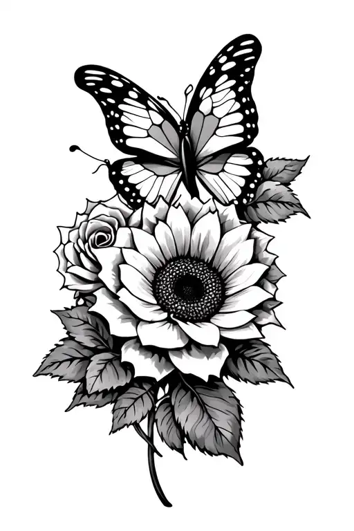 Butterfly With Rose And Sunflower