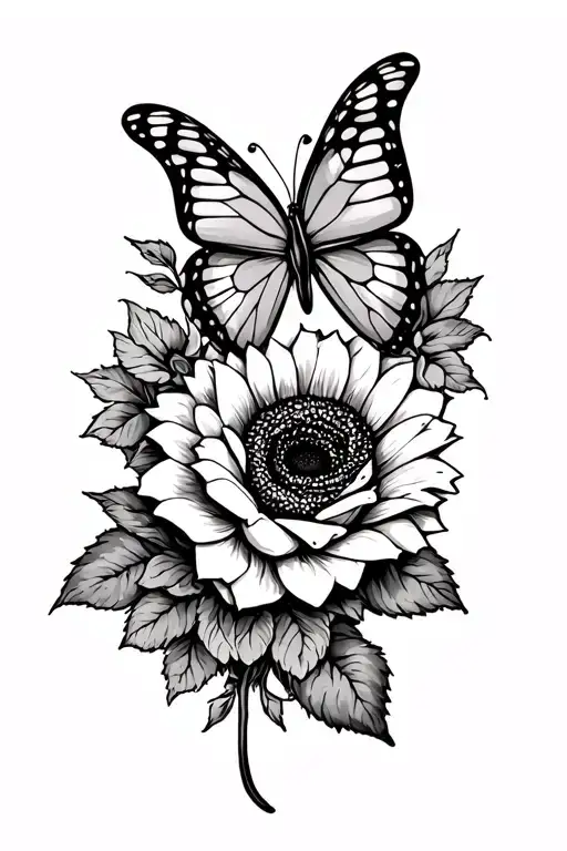 Butterfly With Rose And Sunflower