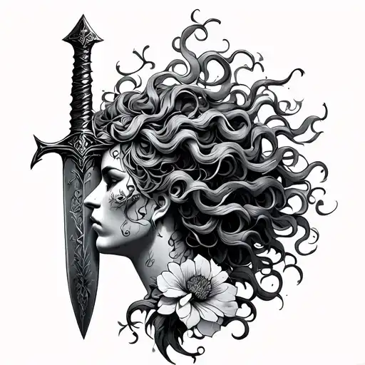 Warrior Medusa In Profile With Dagger And Flower