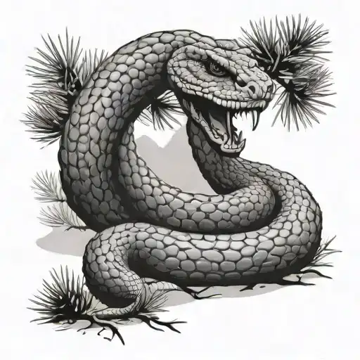 A Rattlesnake Coiled Around A Pine Tree In A Desert Landscape