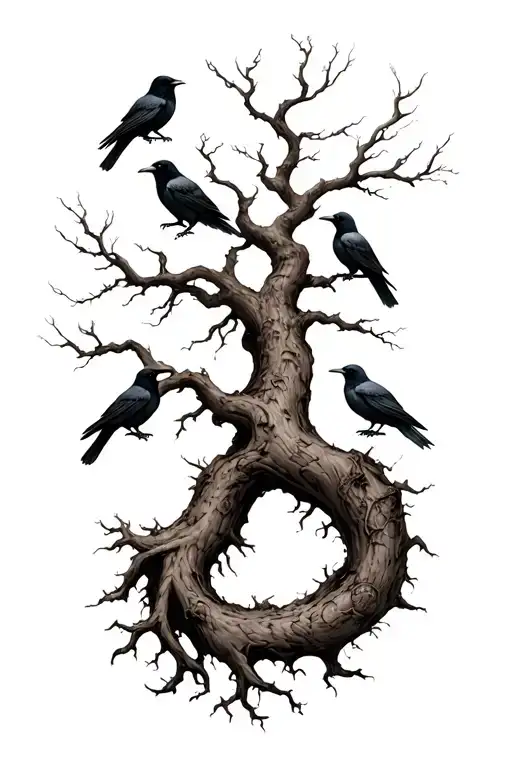 Tree With Roots And Crows
