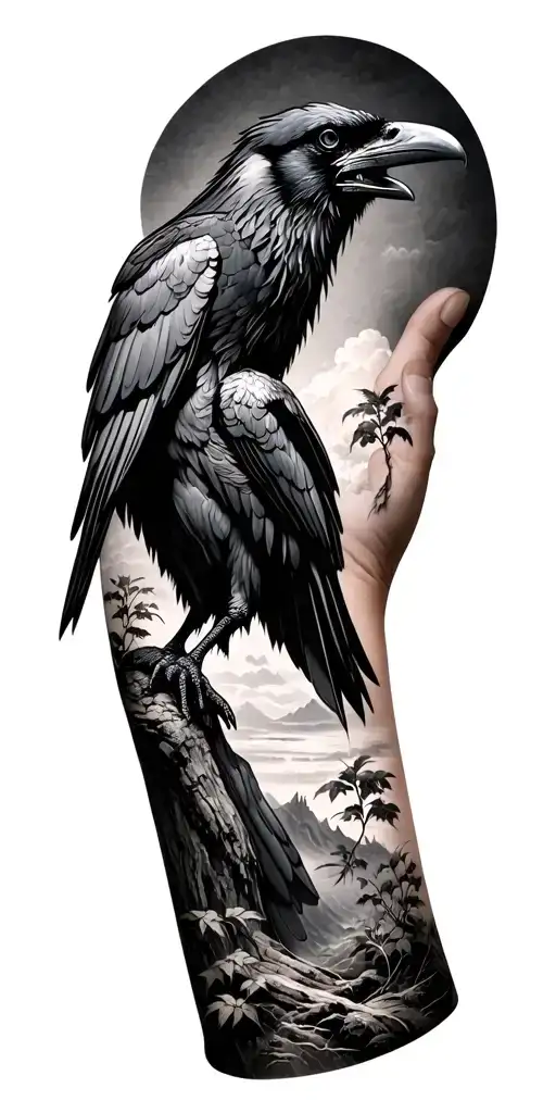 Raven At The Top With Nature Scene Around The Forearm