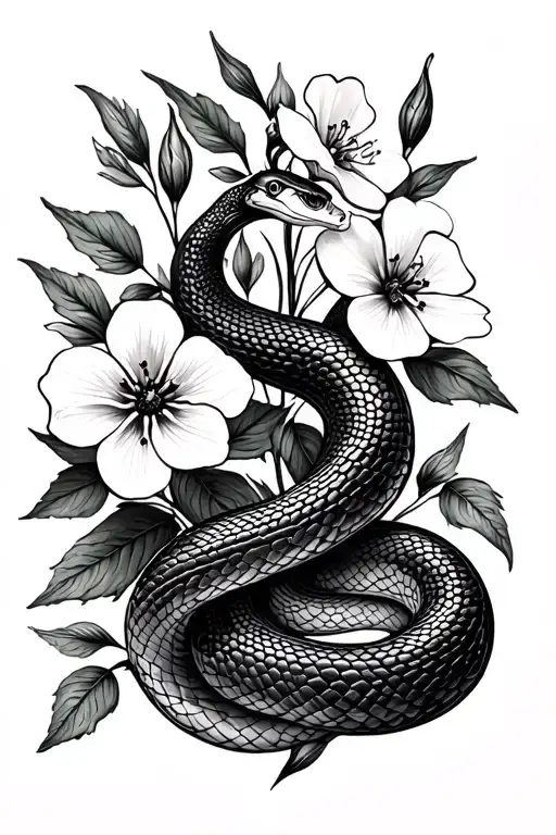 Minimalist Snake With Larkspur Flowers Intertwined