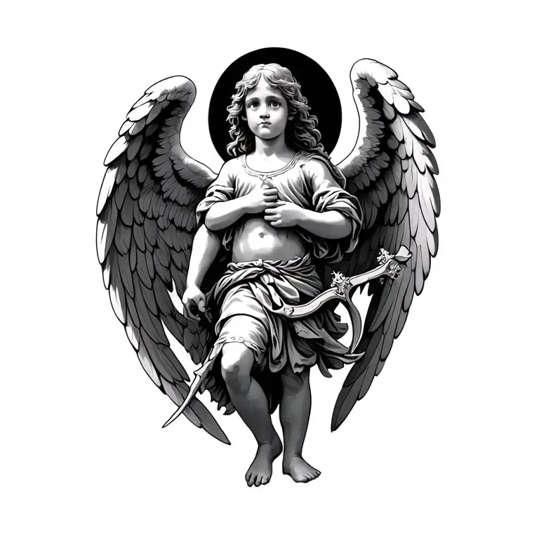 Small Angels With Wings Holding Bow With Some Details On His Wings