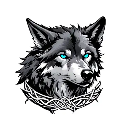 Wolf With Blue Eyes On Armor Tattoo Design Featuring Celtic Trinity Knot