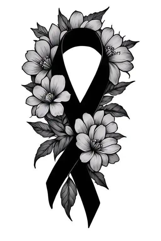 Black Skin Cancer Ribbon Intertwined In Flowers