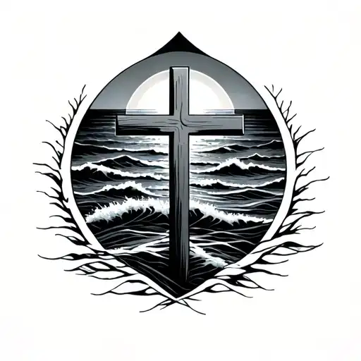 A Minimalist Black And Grey Tattoo Of A Cross Nestled Among Delicate Beach Waves