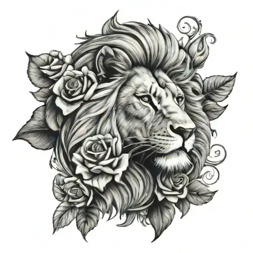 Male Lion Face With Roses Surrounding Bottom