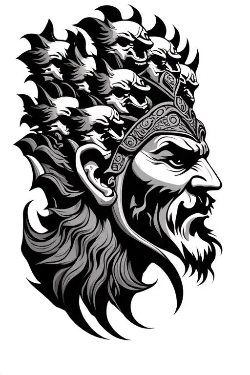 Ravan With 10 Heads Aesthetic Tattoo Design