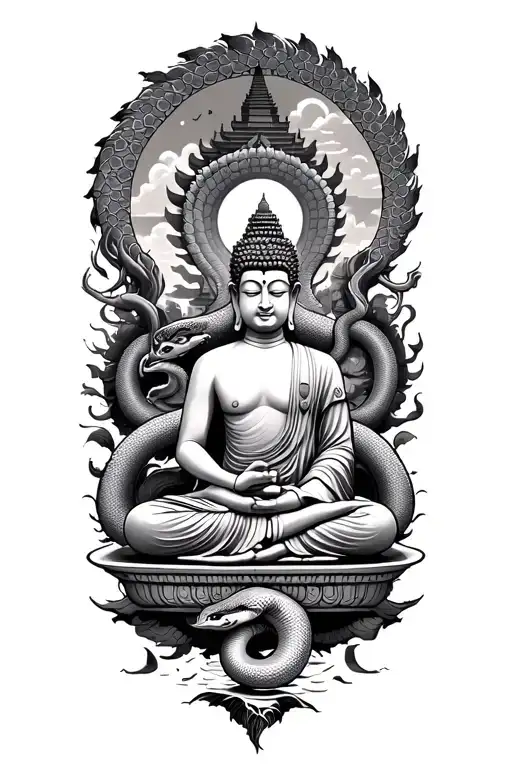 Buddha Sitting Like Buddha Naga With A Snake Surrunding And A Temple In The Back