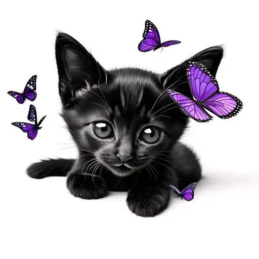 Black Kitten Playing With Purple Butterflys