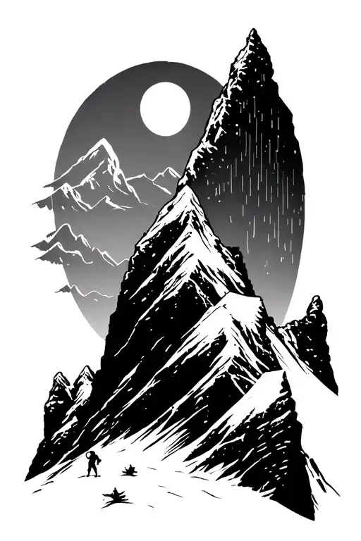 Mounts With Snow Peaks And Rock Climbers With The Sun Glaring Down