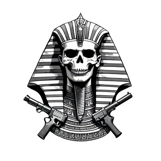 A Pharaoh With A Skull Face Holding 2 Guns Underneath His Neck