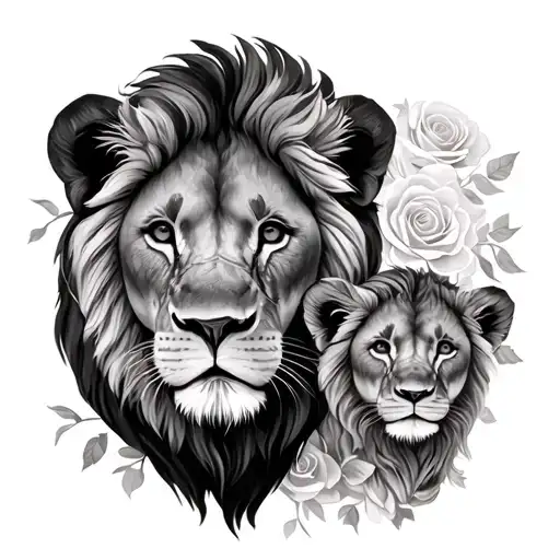 Lion And Cub Faces With Roses Represet Father And Daughter