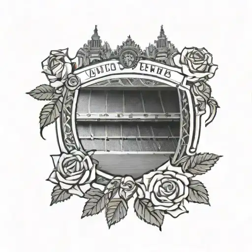 A Blackwork Design Of The Manchester United Stadium With Roses In The Background