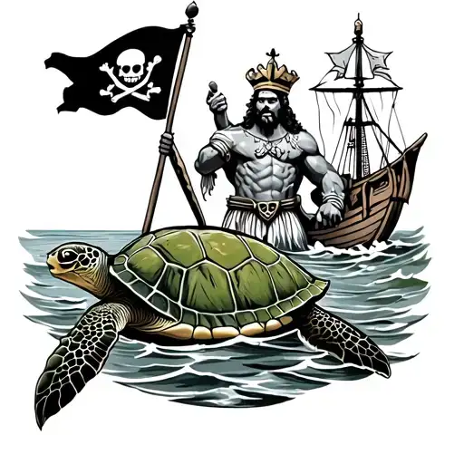 Green Sea Turtle With King Neptune On The Ocean With A Pirate Flag