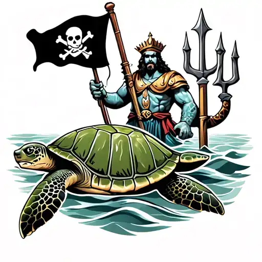 A Green Sea Turtle Protected By King Neptune With A Trident On The Ocean With A Pirate Flag