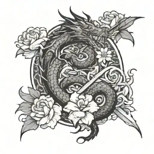 Kaizen Symbol With Sword Behind I Dragons And Flowers As Background
