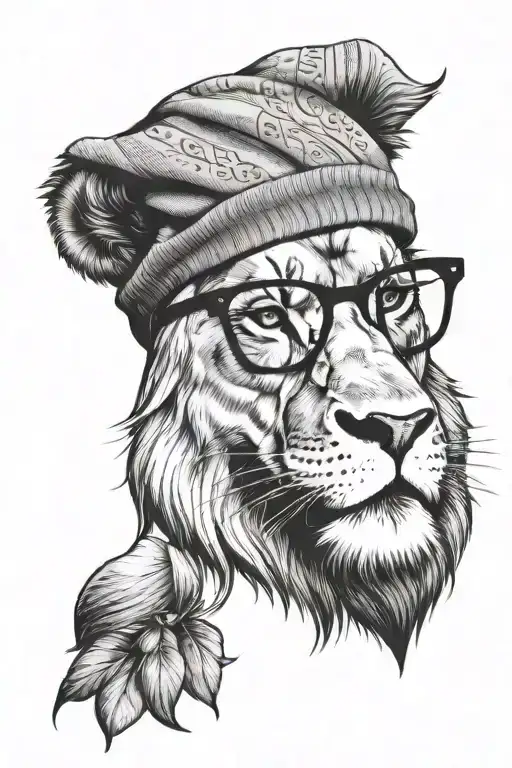 A Lion Head Wearing A Beanie And Hipster Glasses
