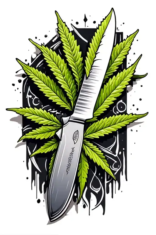 Chefs Knife And Marijuana Leaf