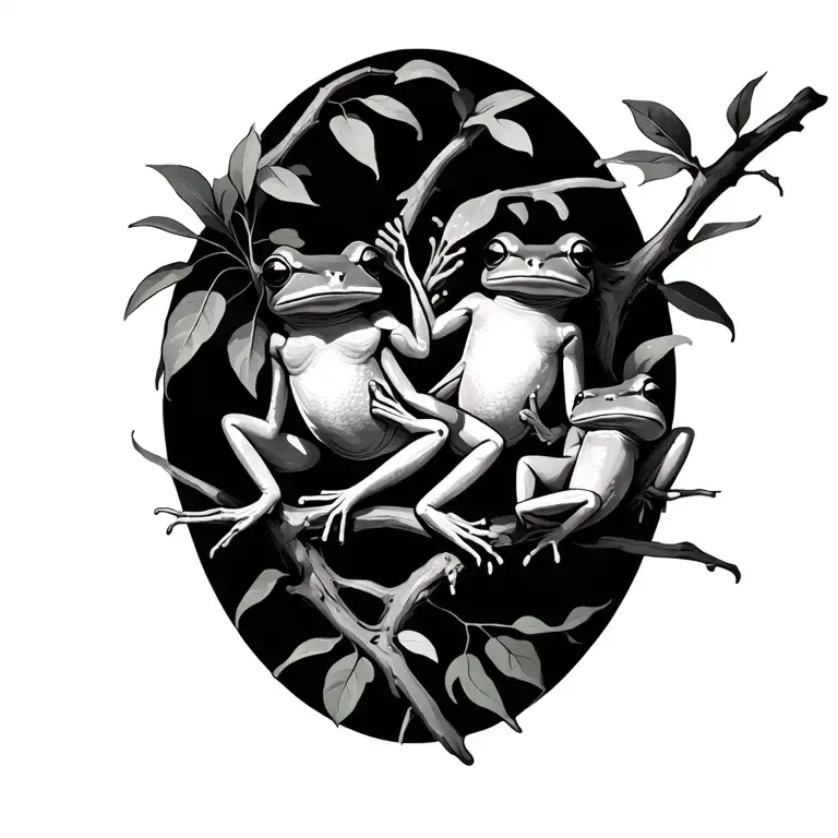 Three Tree Frogs Hanging On A Branch