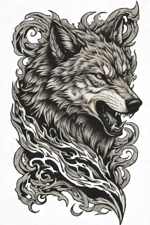 Growling Wolf Emerging From Flames Left Forearm
