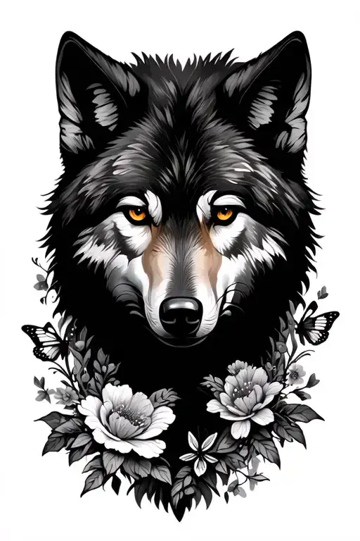 Wolf Head And Flowers And Butterflies