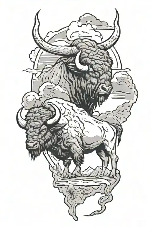 Cowboy Style Buffalo Tattoo With Western Landscape
