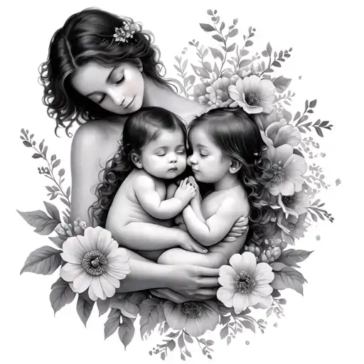 Mother Holding Baby Twin Girls Surrounded By Flowers