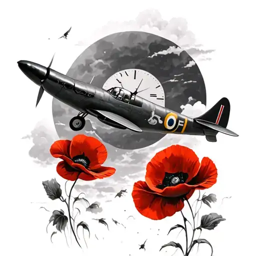 Spitfire Flying In The Sky With Red Poppies And A Clock