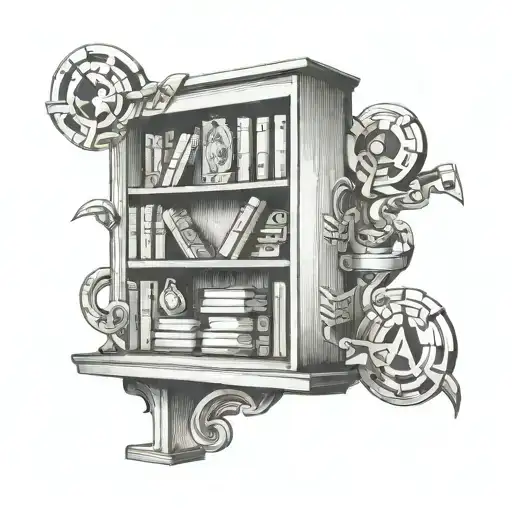 A Bookshelf Tattoo With Hidden Gaming Symbols Among The Books