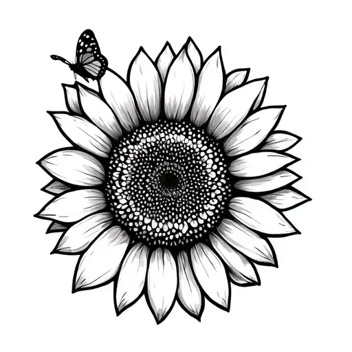 Thin Line Sunflower With A Butterfly