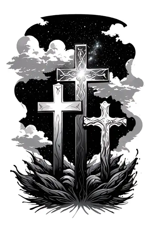 Three Crosses Silhouette Sky Above Is Adorned With Galaxy