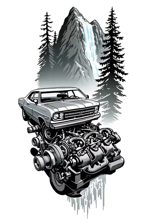 Car Engine With Two Carburetors On Mountain Road Background With Waterfall