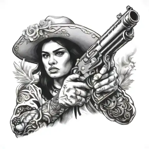 Black And Grey Portrait Of A Mexican Revolutionary Woman With A Gun