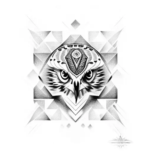 Realistic Hawk Surrounded By Geometric Patterns In Dotwork Style