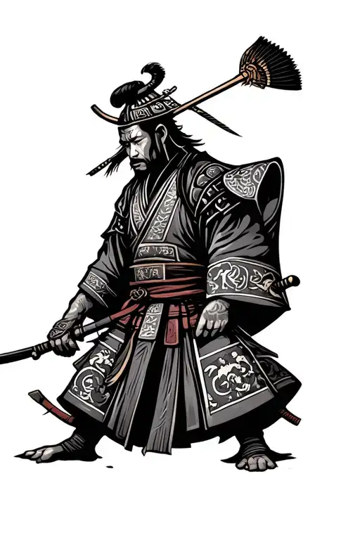 Japanese Samurai With Symbols Of Family