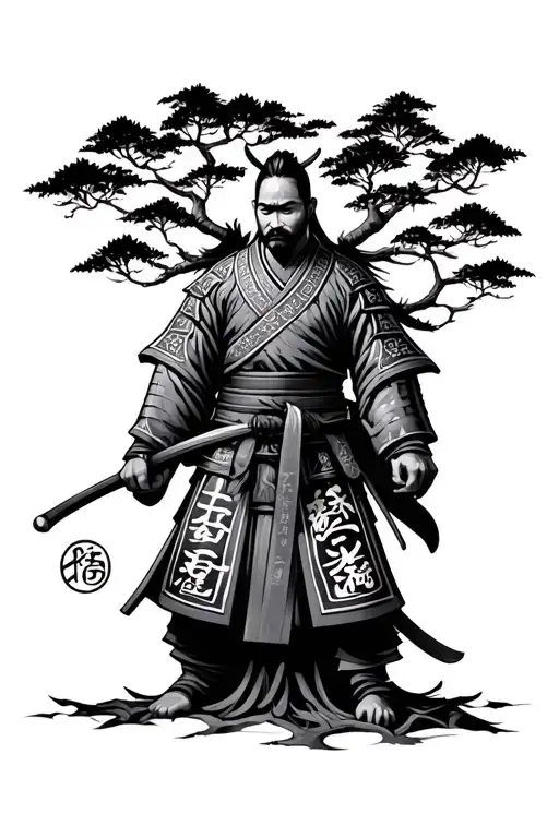 Japanese Samurai With Symbols Of Family Tree Intertwined