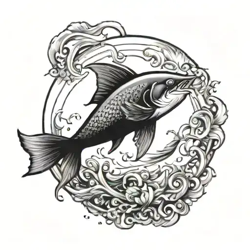 A Realistic Black And Grey Crescent Moon With A Fish Leaping Out Of It