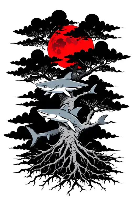 Tree Red Moon Sharks Roots Clouds