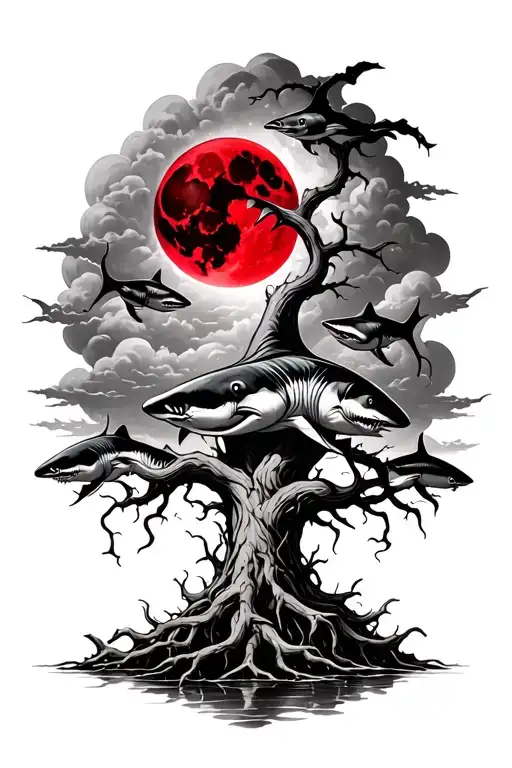 Poison Twisted Tree Red Moon Sharks Swimming In Roots With Clouds