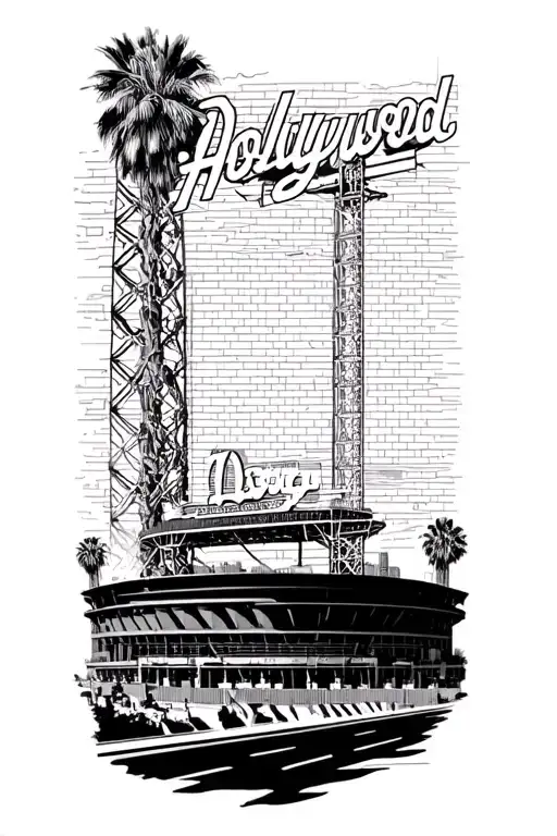 An Intricate Design Of Hollywood Sign With A Subtle Silhouette Of The Dodgers Stadium